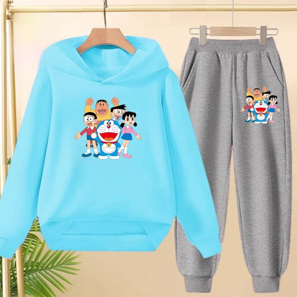 Doraemon Ciepły Zimowy Zestaw Bluza Dziecięca, Codzienny Sportowy Długi T-shirt z Kapturem i Długie Spodnie Odpowiedni dla Chłopców Dziewczynek w Wieku od 3 do 12 Lat