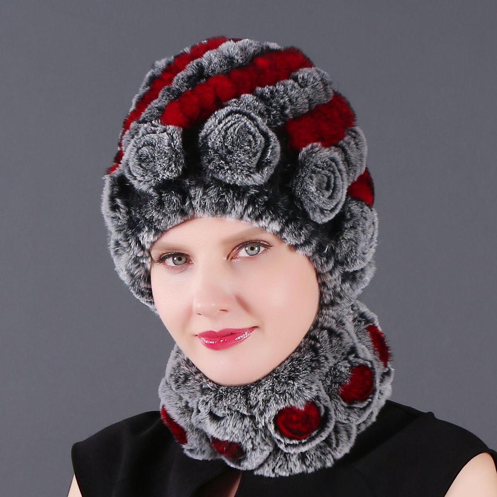 Wholesale New High-quality Rex Rabbit Fur Accessories Autumn and Winter Women's Versatile Warm Hat Scarf Two-piece Set