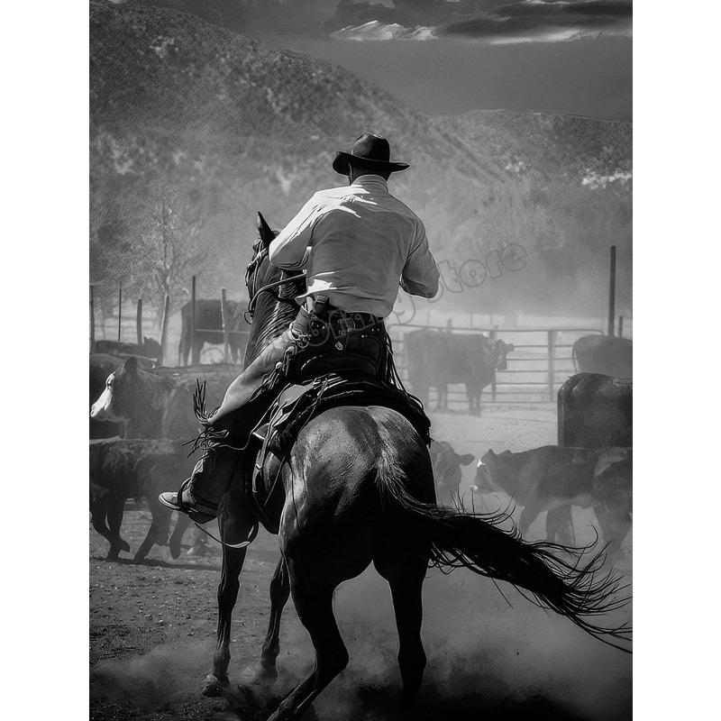 Retro Černobílý Divoký Západ Kovbojské Kovbojky Módní Fotografie Plakát Plátno Malba Nástěnné Umění Obrázky Domácí Dekorace