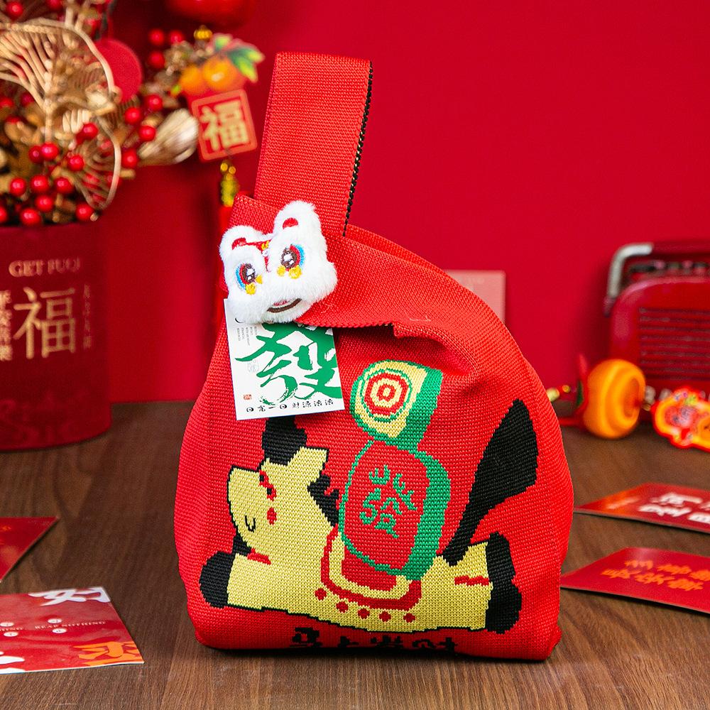 Jahr des Pferdes Roter Knoten Handgelenk Handtasche Cartoon Maskottchen Pony Gestrickte Süßigkeiten Tragetasche Wiederverwendbare Einkaufstasche Geschenkverpackungsbeutel