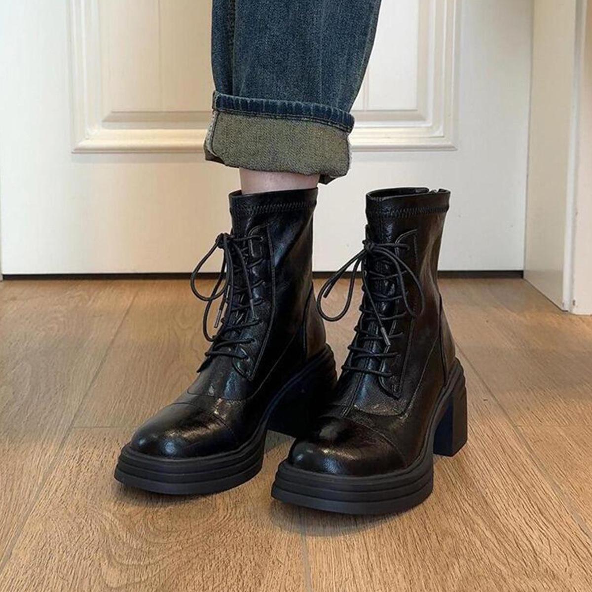 

Soft leather version~ high heel thick sole versatile casual temperament Martin boots women s waterproof table lace-up side zipper elastic short boots 35 чёрный