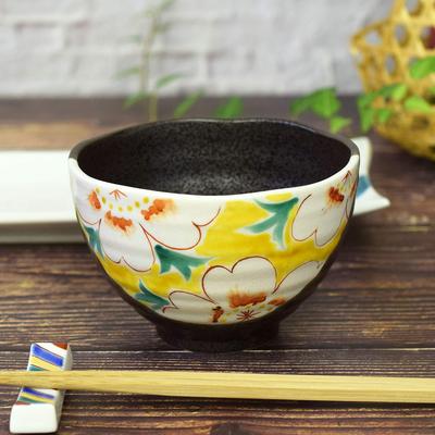 Waza No Kura Stylish Tea Kutani Ware Tea Bowl with Flower Pattern Luxury Japanese Made In Birthday 60th 70th 77th 88th Gift Bowl, (Yellow), Ceramic,