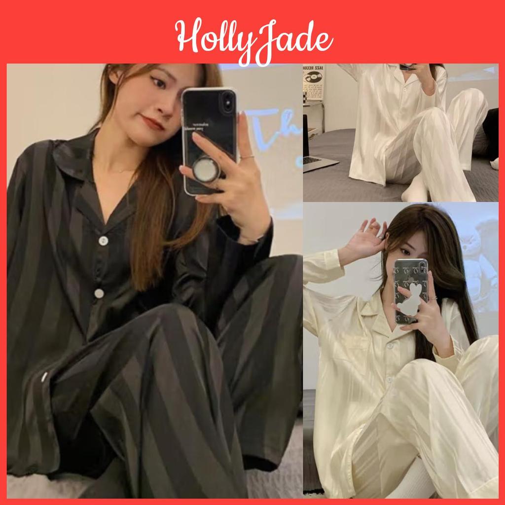 Ice 2 Piece Womens Silk Suit Pajamas Spring And Autumn Longsleeved Casual Striped Simple Loose Homewear Ladies Loungewear