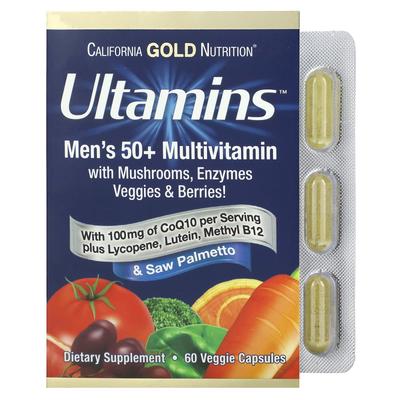 Ultamins Multivitamin for Men Over 50 with Coq10, Mushrooms, Enzymes, Vegetables and Berries, 60 Veggie Caps