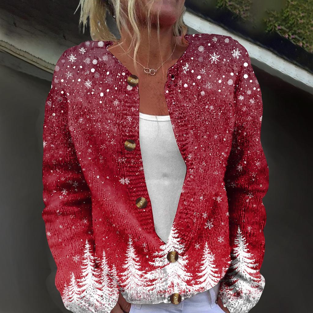 Women's Fashion Christmas Printed Long Sleeve Knitted Cardigan Button Down Jacket