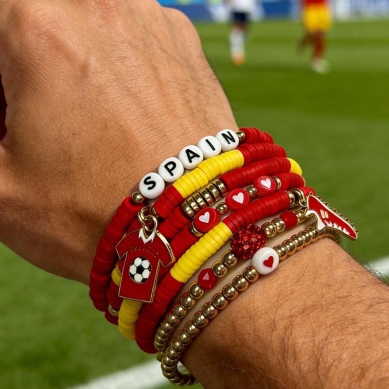 2026 Football Bracelet Set For Soccer Fan With Team Color And Football Charm Elastic Wristband