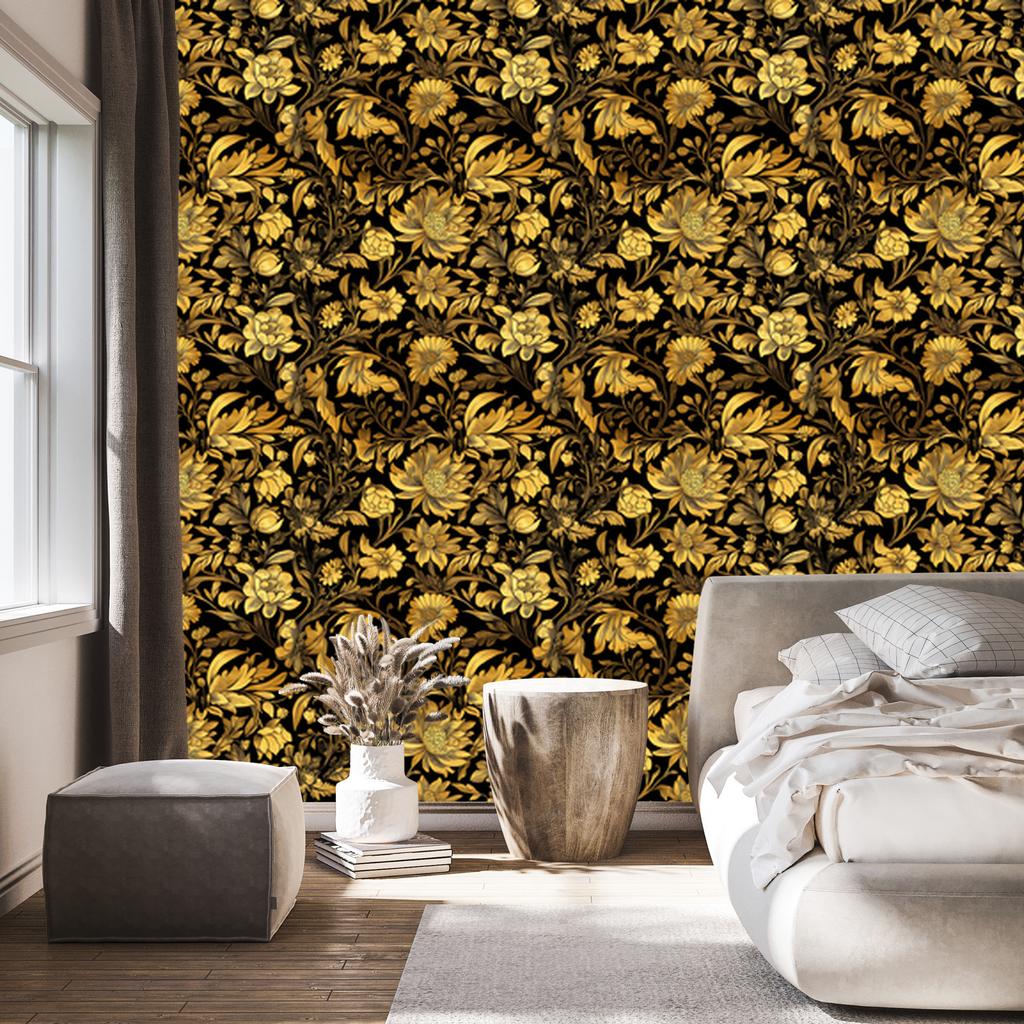 Golden Hibiscus Wallpaper Ochre, Gold and Black for Living Room and Bedroom 50x1000