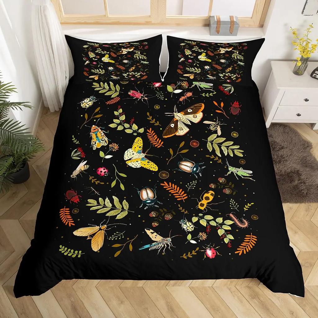 Gold Gothic Moth Duvet Cover Set Plant Pattern Bedding Sets Ultra Soft Lightweight Microfiber Queen King Comforter Cover 2/3 Pcs