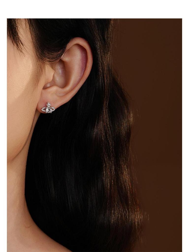 Ohrstecker Saturn aus S925 Sterlingsilber im koreanischen Stil für Damen - Mit Diamanten besetzt, super glänzend, kleines leicht luxuriöses Zirkon-Design