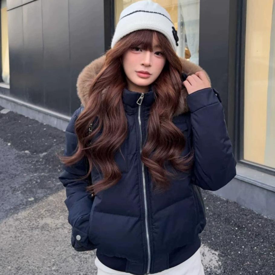 Retro British style removable fur collar hooded jacket down cotton-padded clothes women's winter new design short cotton-padded jacket