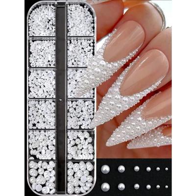 12 Grids 3D Semi-Circle White Simulation Pearl Nail Art Decorations, Semi-Circle Pearl Gems, DIY Nail Art Decor, Suitable For Home DIY Nail Art