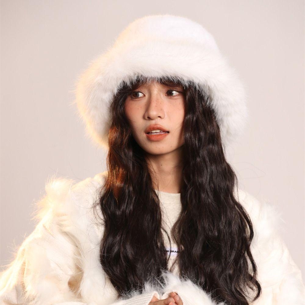 Imitation Fur Plush Bucket Hat Warm Winter Cap Retro Artificial Fur Hat  Winter/Autumn