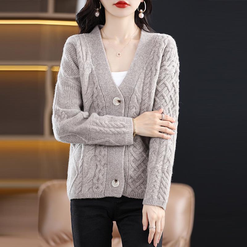 Stylish Retro V-neck 100% Pure Wool Cable Knit Cardigan Sweater