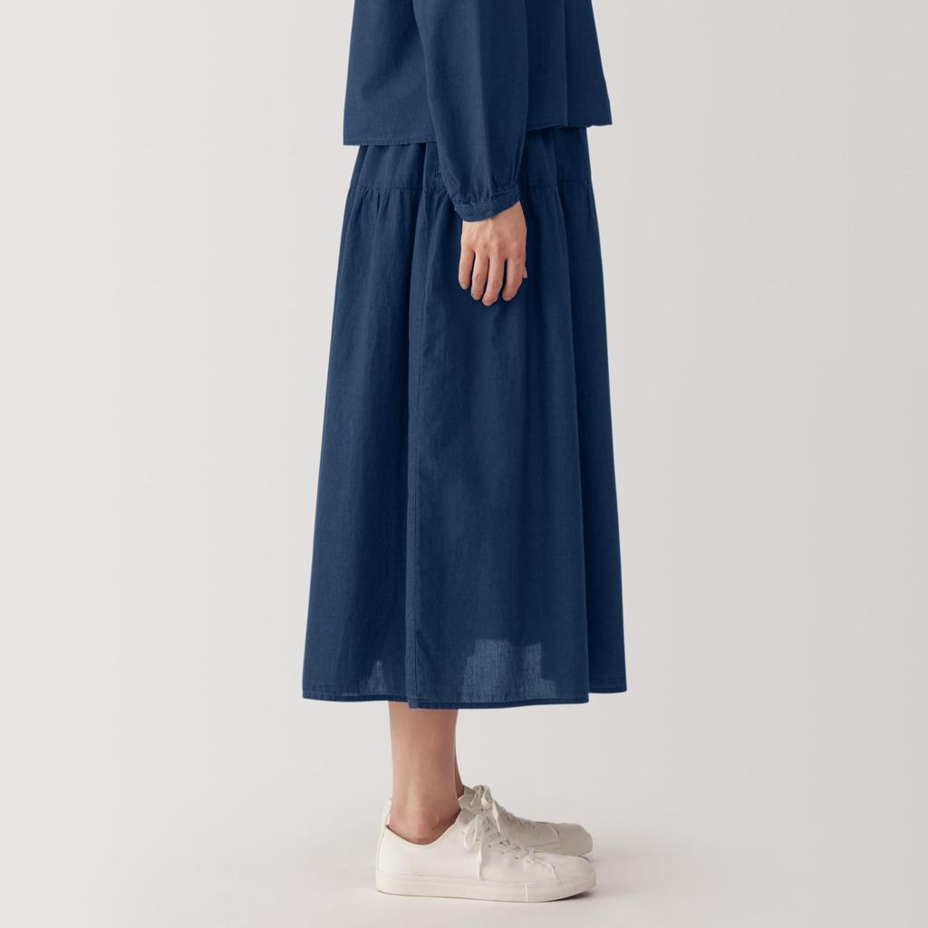 MUJI Women's Cotton Voile Indigo-Dyed Gathered Skirt, Navy, Size S, BE1T1A4A