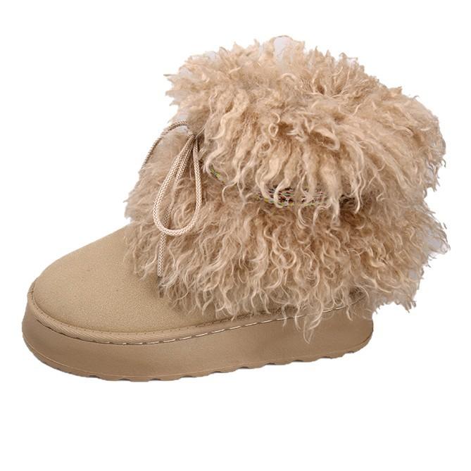 Fashion Fluffy Snow Boots Women's 2025 Autumn and Winter Retro Piled Thickened Medium Boots Warm Non-slip Thick-soled Cotton Boots