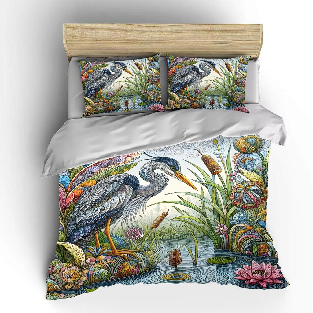 Colorful Heron and Lakeside Plants Print Soft Comfortable Duvet Cover Bedding Set Included 1*Duvet Cover 2*Pillowcases