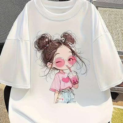 Women Summer T Shirt Cute Girl Print Retro Fashion Short Sleeve Tees Casual   Printed  Tops