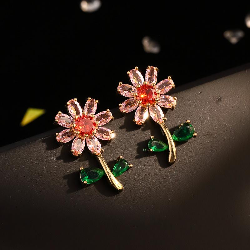925 Silver Needle Flower Crystal Earrings, Korean Style High-End Zircon Studs, Sweet Dopamine Design for Women