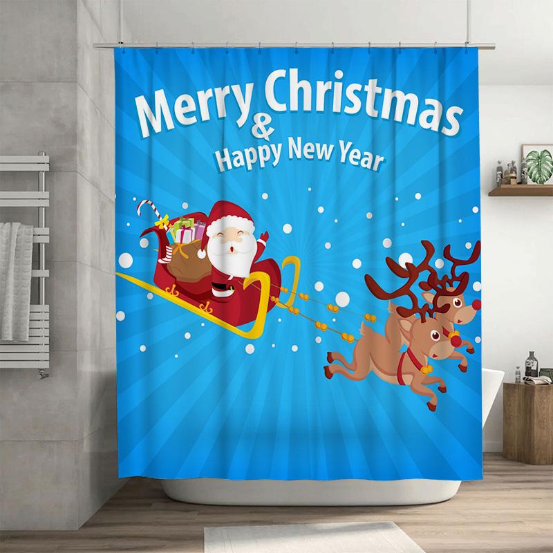 TU Christmas Santa Claus Reindeer Shower Curtain Festive Holiday Bathroom Decor Set Waterproof XMas Pattern Home Textile Gift