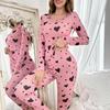 Womens Heart Print Long Sleeve Long Pants Casual Home Pajama Loungewear Set