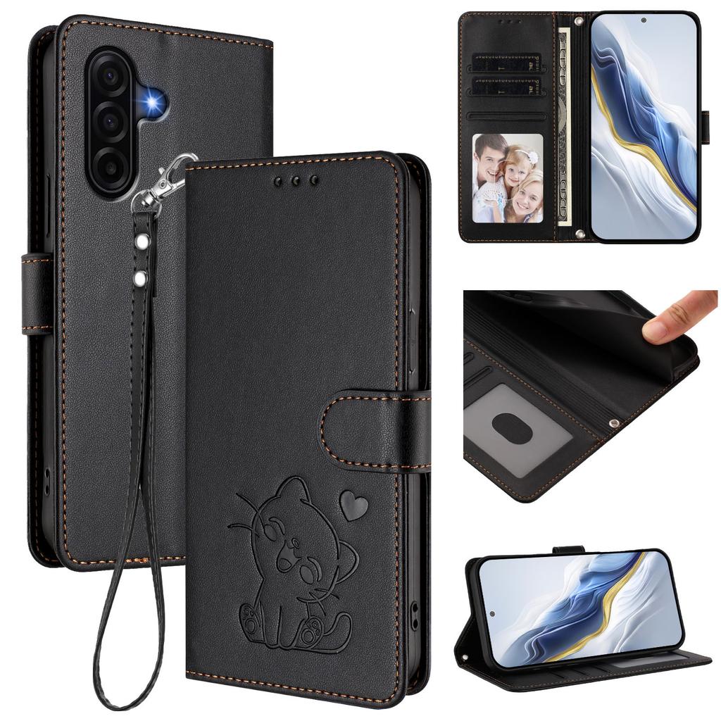 For Samsung Galaxy A37 5G Wallet Case with Wrist Strap Love Cat Pattern Imprint Leather Phone Cover