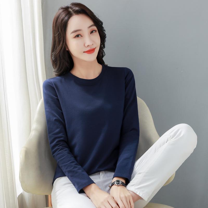 2024 Spring & Autumn Women's Long Sleeve Round Neck T-shirt - Korean Style Casual Solid Color Base Layer