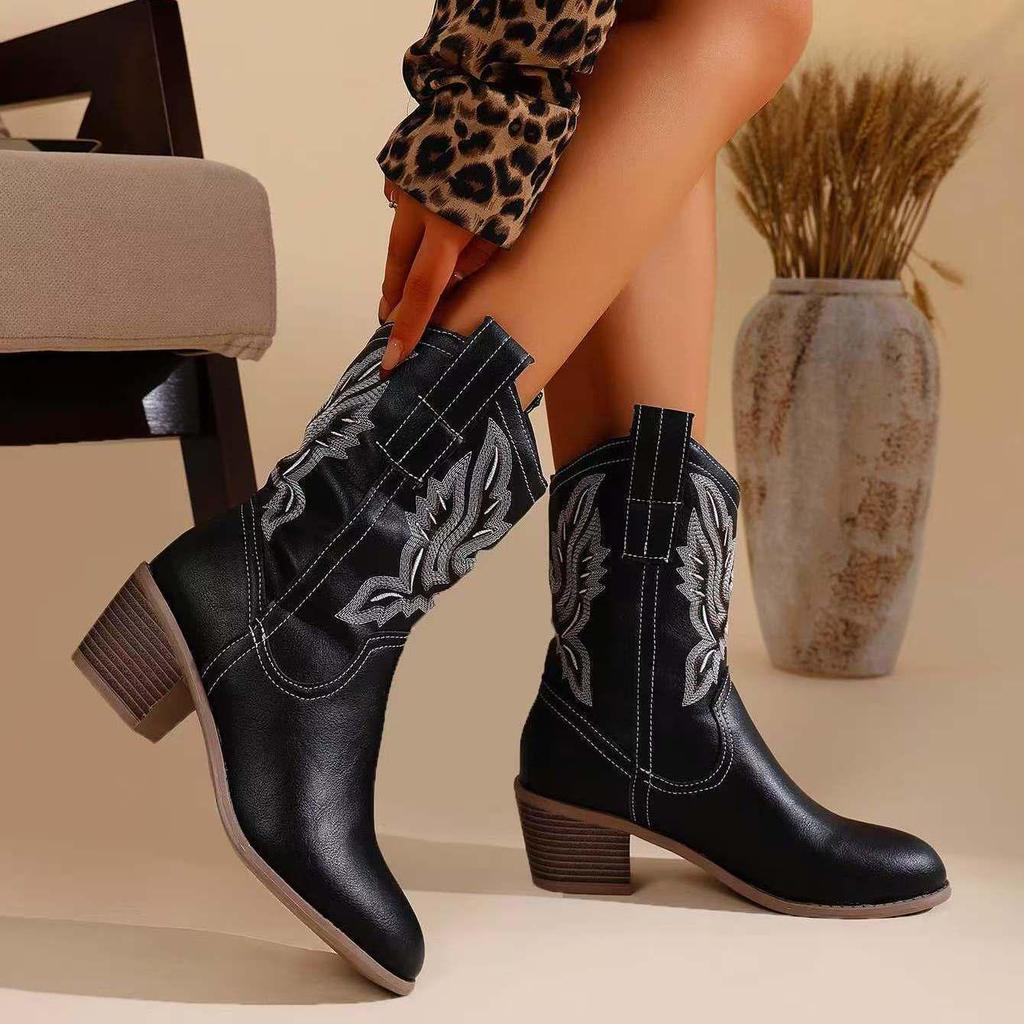 Damen Retro Western Bestickte Cowboy Martin Stiefel - High-Top, V-Ausschnitt Ritterstil