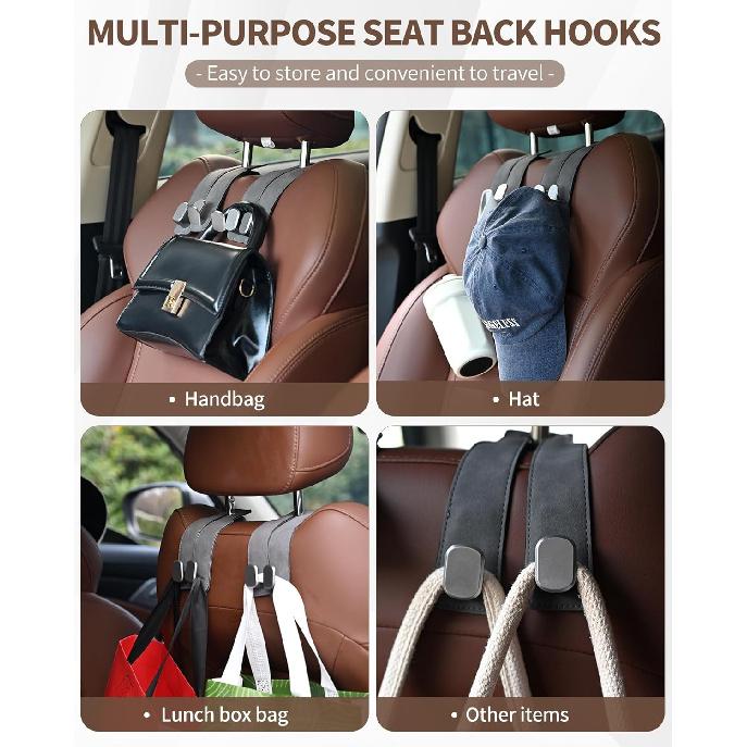Headrest Hooks For Car, 4 Pack Car Seat Back Organizer Storage Hook, Double Hook Car Seat Hooks For Hanger Purses And Bags, Leather Purse Holder For