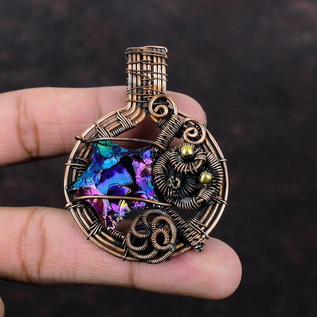 Titanium Druzy Pendant Copper Wire Wrapped Pendant Natural Gemstone Pendant Handmade Copper Wire Jewelry Gift For Him Latest Design Pendant