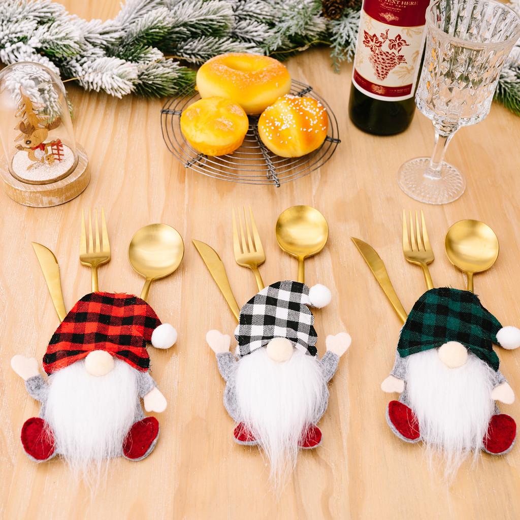 Festive Checkered Hat Gnome Tabletop Ornament With Cutlery Holder Holidays For