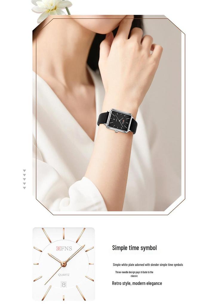 OFNS Women's Retro Square Watch – French Design, Simple Bar Markers, Business Style, Calendar, Waterproof, Quartz Movement.