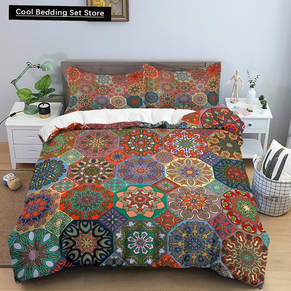 Geometric Mandala King Queen Duvet Cover Boho Ethnic Style Bedding Set for Teens Adults Mediterranean Soft Polyester Quilt Cover