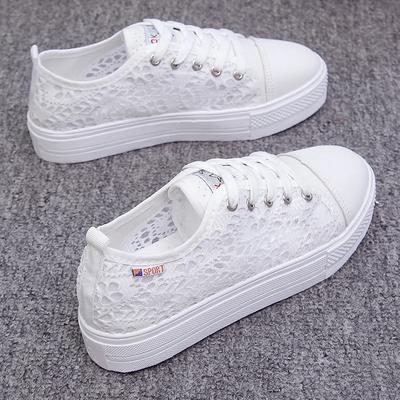 2025 Fashion Women Shoes Summer New Casual White Shoes Cutouts Lace Canvas Hollow Breathable Platform Flat Shoes Woman Sneakers