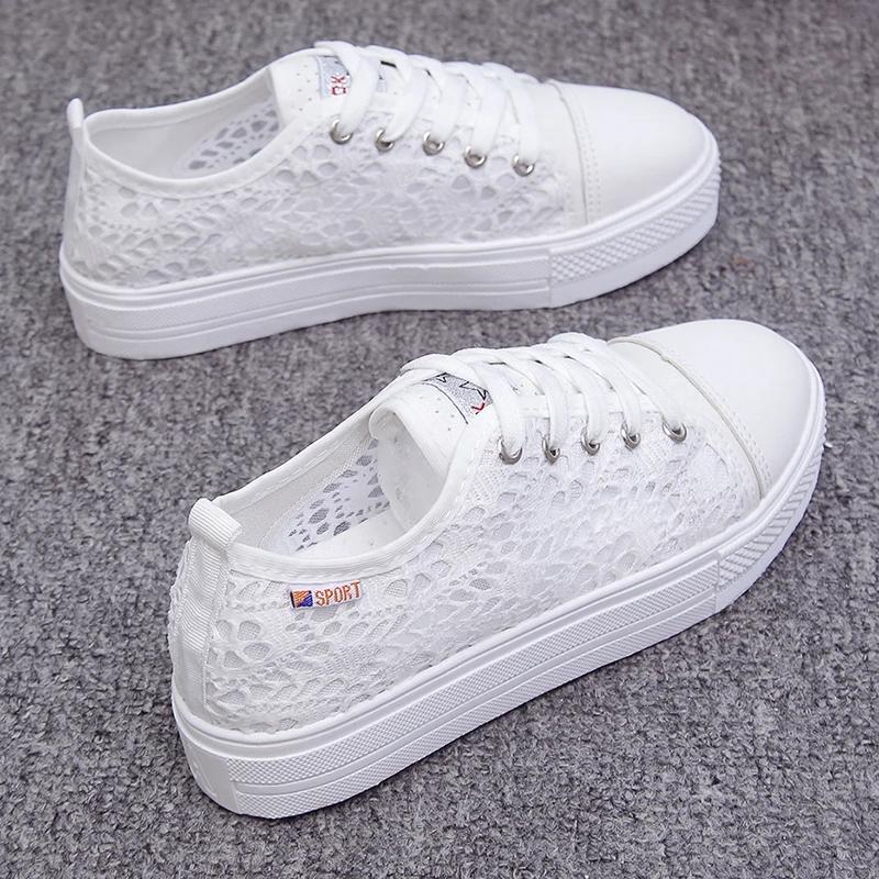 Fashion Women Shoes 2025 Fashion Summer Casual White Shoes Cutouts Lace Canvas Hollow Breathable Platform Flat Shoes Woman Sneakers