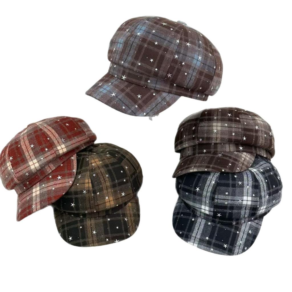 Korean Autumn And Winter Plaid Star Versatile Octagonal Hat Female British Retro Literary And Artistic Face Small Beret Painter Hat