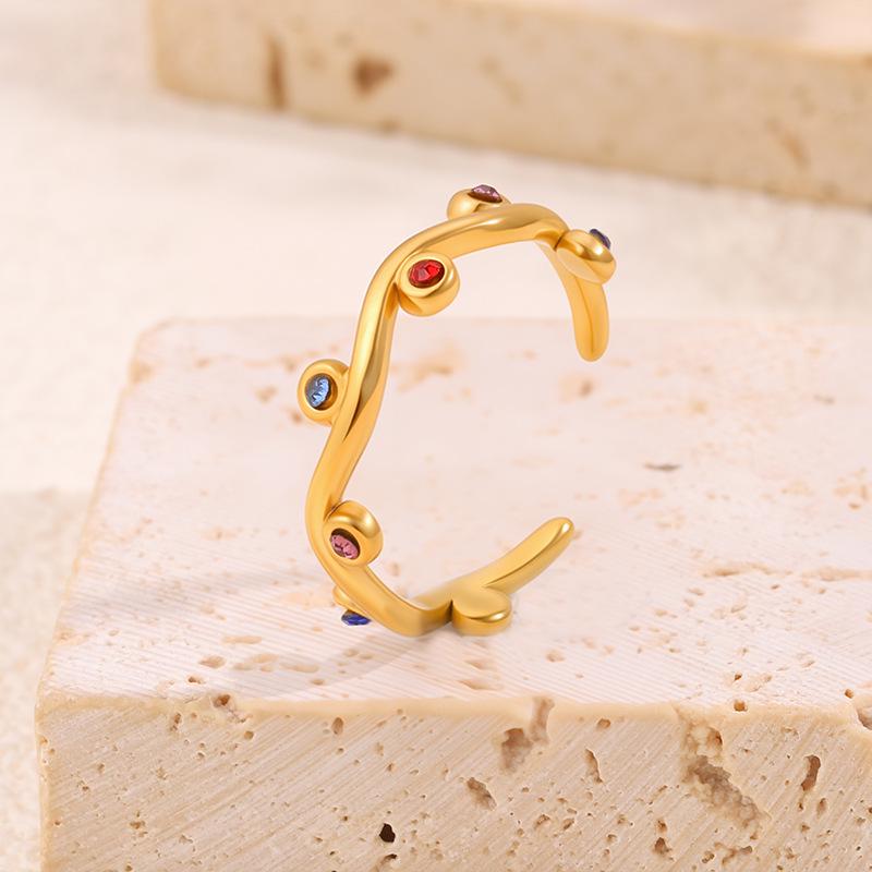 Colorful European & American Irregular Titanium Steel Open Ring with Non-Fading Diamond-Set