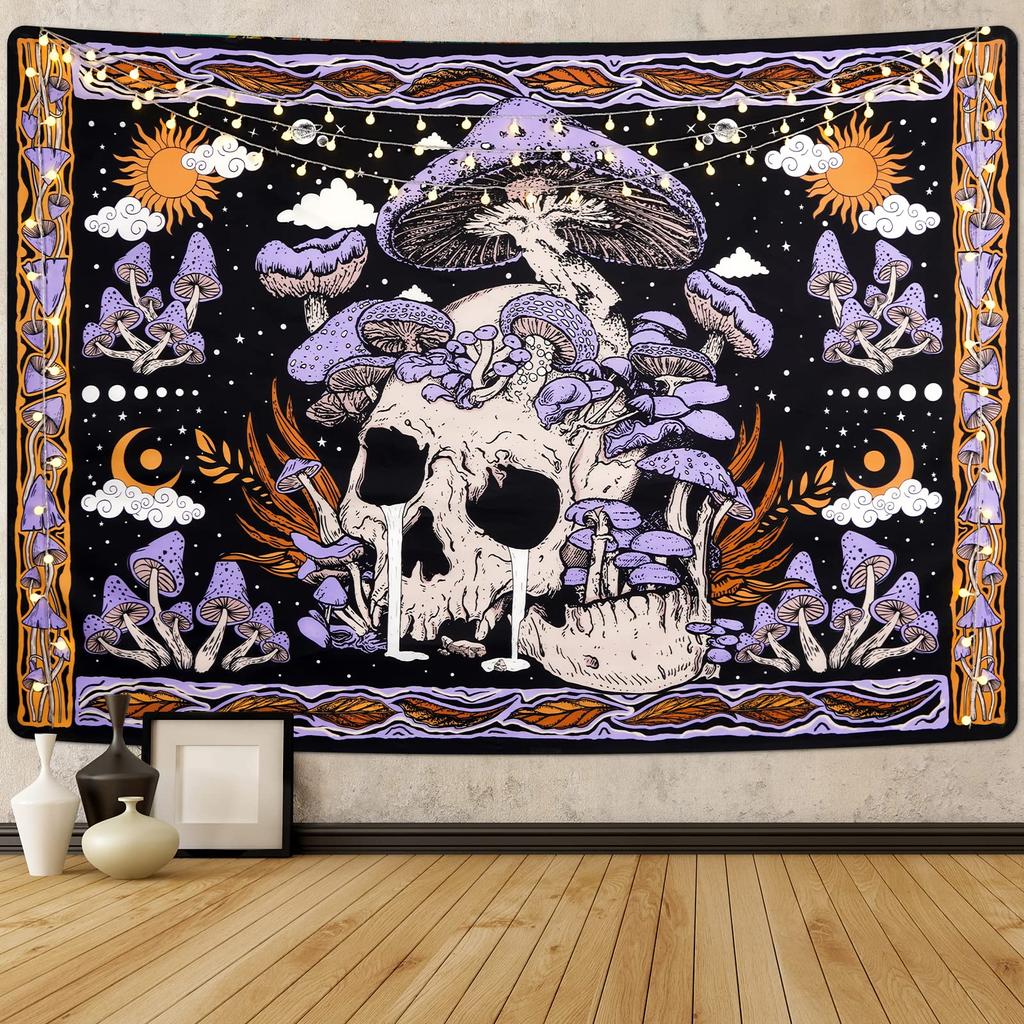 Trippy Purple Mushroom Skull Tapestry, Sun Moon Celestial Forest Print Wall Hanging for Bedroom Aesthetic Living Room Dorm Decor