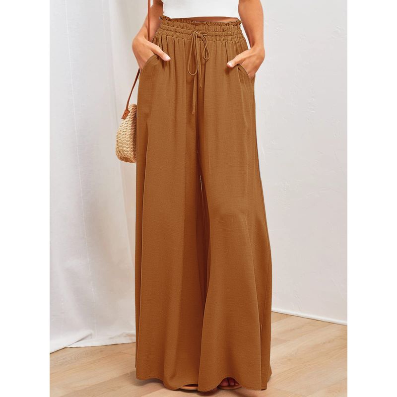 

Printed Lace up Casual Wide Leg Pants Print Shoelace Casual Wide-Leg Trousers Dark brown XL