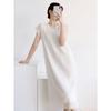 Elegant Pleated Mesh Overlay Dress Womens Loose Fit U-Neck Midi Sleeveless Office Chic