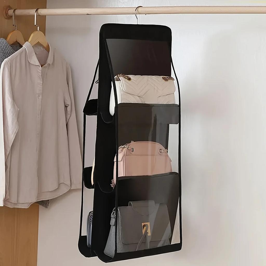 6 Pocket Hanging Handbag Organizer for Wardrobe Closet Gray Waterproof Storage Bag Door Wall Clear Sundry Bag with Hanger Pouch