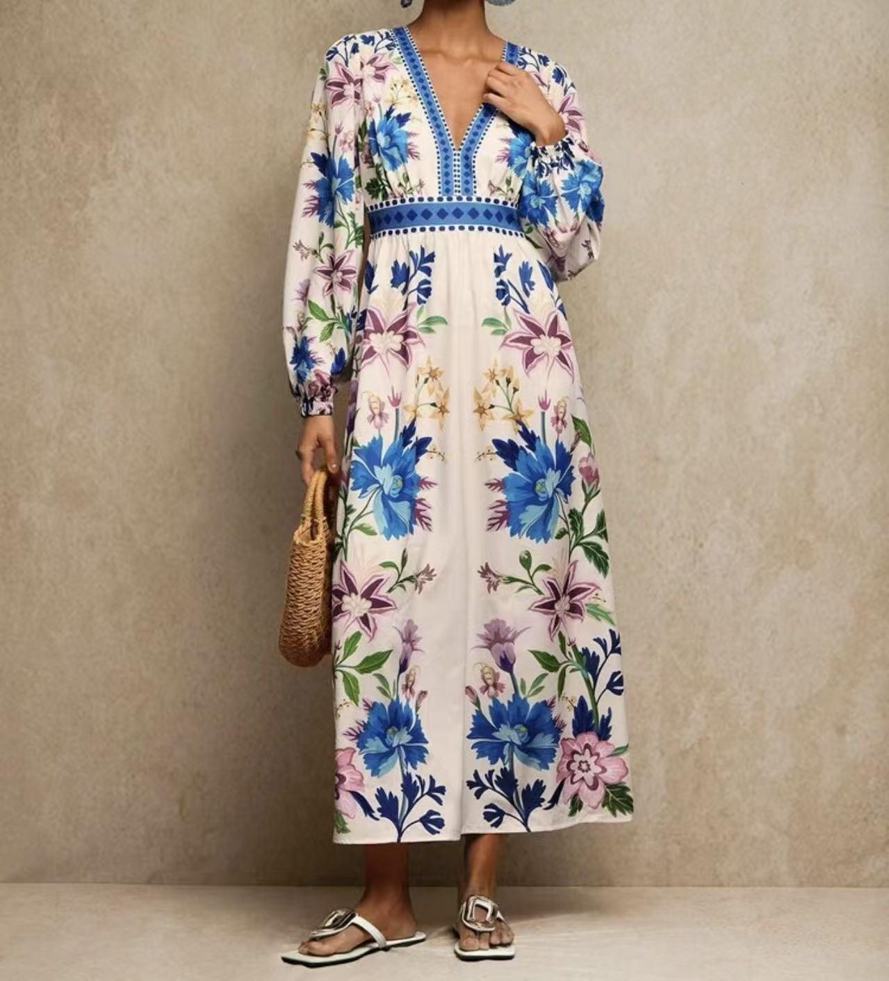 European Bohemian V-Neck Puff Sleeve Belted Dress - 2026 Collection XL синий