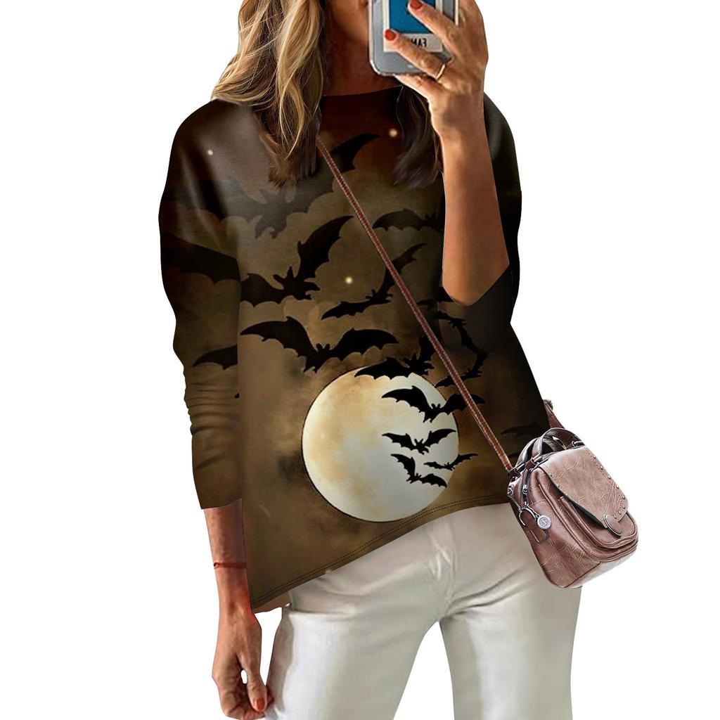 Damen T-Shirt Bedruckt Langarm Alltagsmode Wochenende Überschnittene Schulter Rundhals Top Bluse