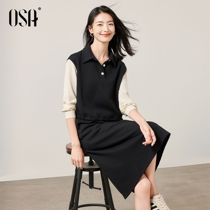 

OSA OSHA Нарядное повседневное платье для работы, имитация двойки, женское, 2024, осеннее, новый костюм-свитер, юбка Black S