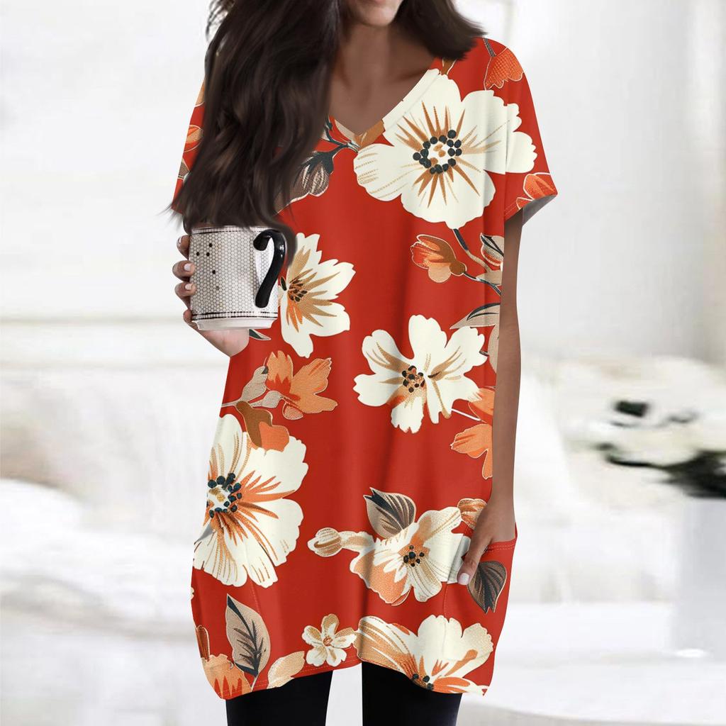 Damen Retro Blumen- und Blätterdruck V-Ausschnitt Midi Tasche Kurzarm Top