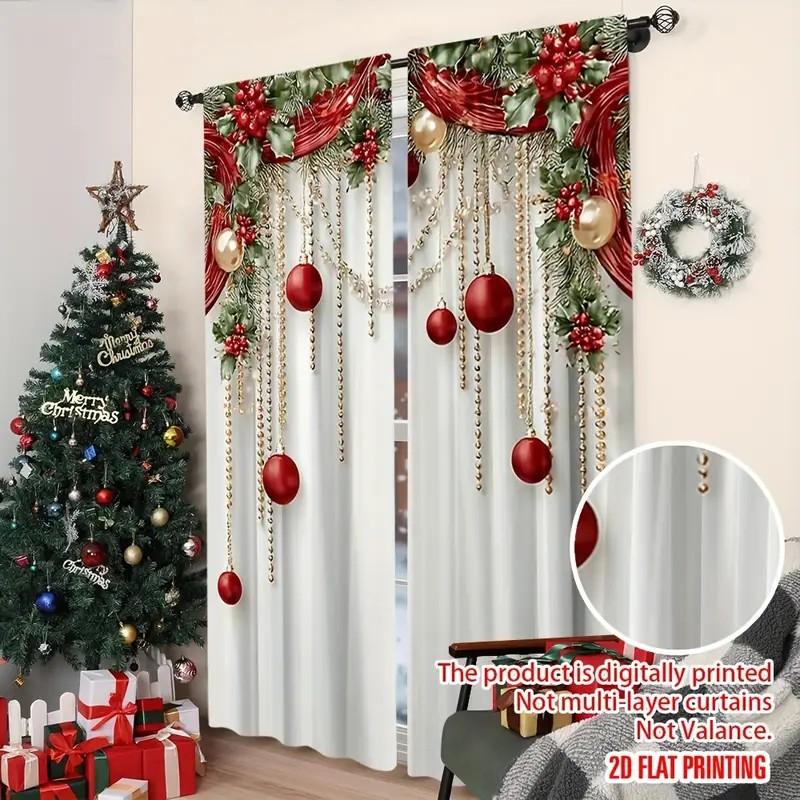 Xmas Ornament Holly Curtains Decor Polyester Holiday Window Home Living Bedroom Light Filtering Set Of 2 Made With Rod Pocket
