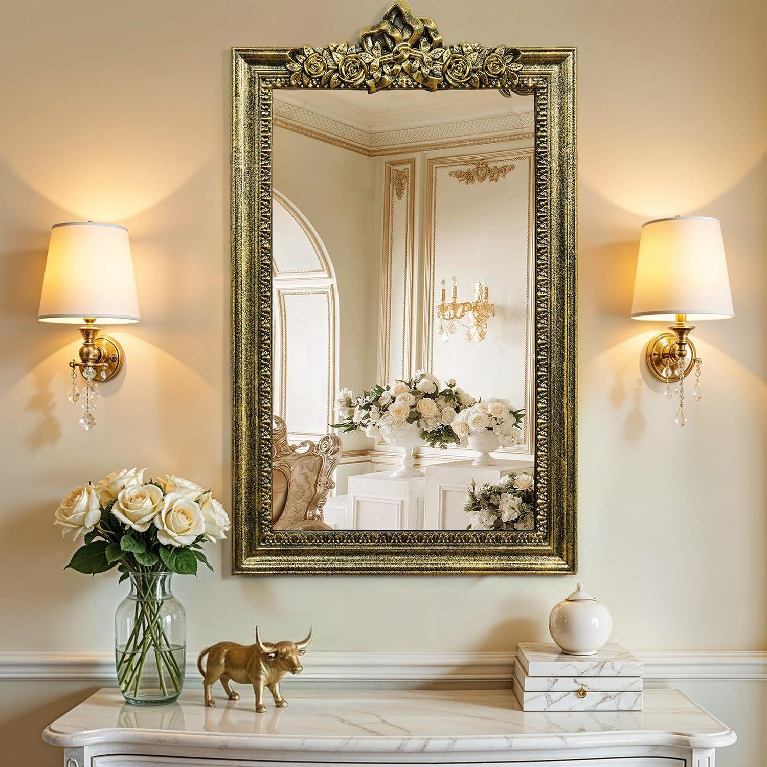 

Настенное зеркало для ванной комнаты с изысканным дизайном, прямоугольной формы, винтажный настенный декор для ванной комнаты, спальни, туалетного столика, фойе (Черный, Золотой - В 65 x Ш 40 см)