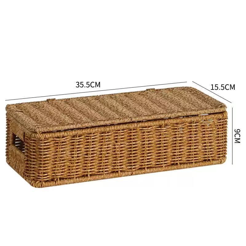 Handwoven Imitation Rattan Wine Basket with Lid Rustic Farmhouse Storage Box for Home Hotel Kitchen Bar Decor Wine Gift Basket
