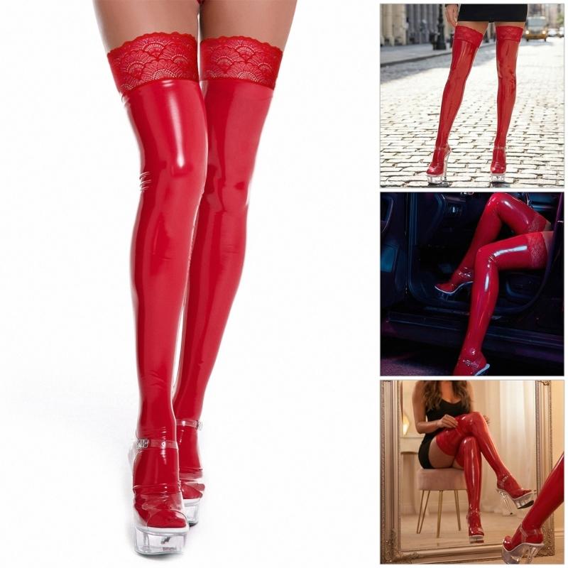 Women’s Shines Thigh High Stockings with Lace Top Oil Glossy Stockings Bright Pantyhose for Party Club Cosplay