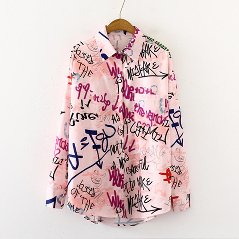 Street Style Letter Graffiti Printing Shirt Spring Summer 2025 Turn-down Collar Long Sleeve Loose Cardigan Tops Women's Clothing