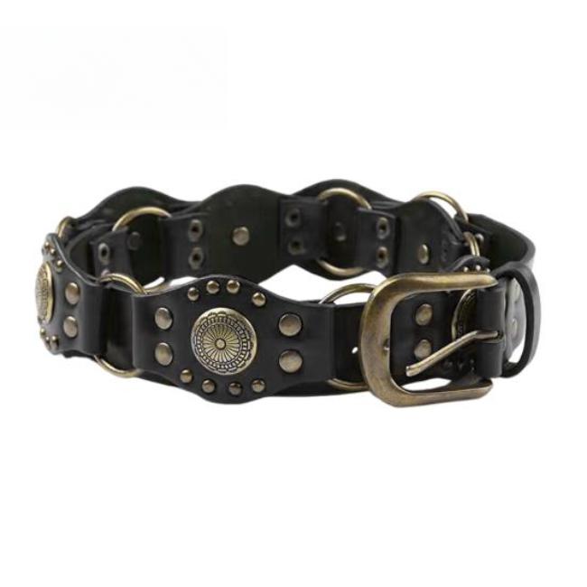 Cowboy Western Style Belt Denim Skirt Faux Leather Waistband Adjustable Length Multi Holes Design Brown Wide Belt